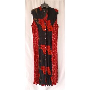 Strategy Vintage Floral Maxi Dress Black Red Rayon Button Front Sleeveless 12